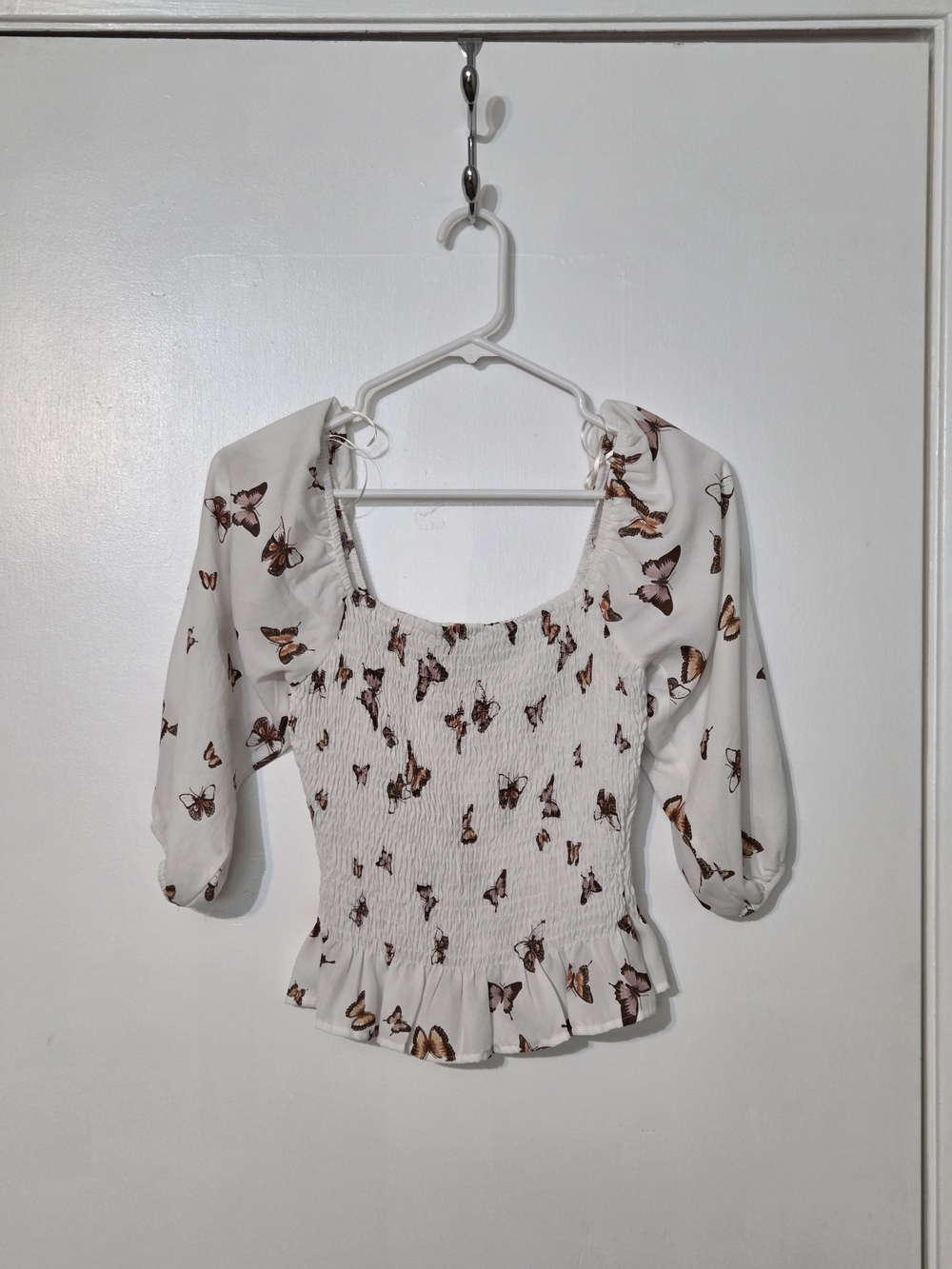 Paper Crown White Butterfly-Print Smocked Peasant Blouse